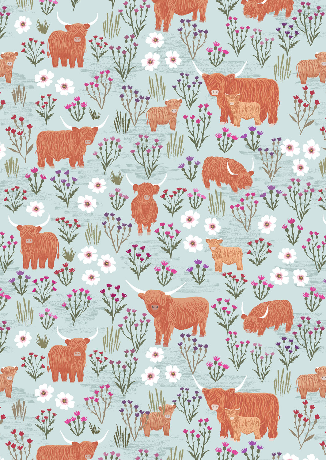 Summer meadow Highland on breezy blue | Celtic Summer | Lewis & Irene | Cotton Fabric | A987B
