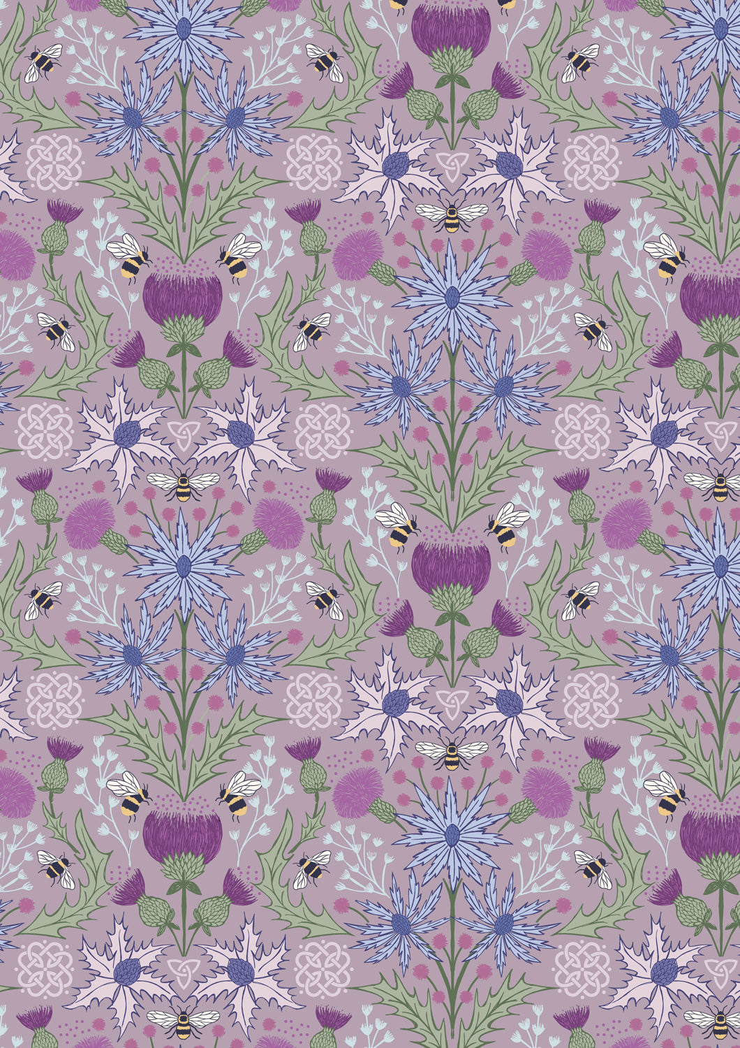 Mirrored thistle and bee on heather | Celtic Summer | Lewis & Irene | Cotton Fabric | A989C