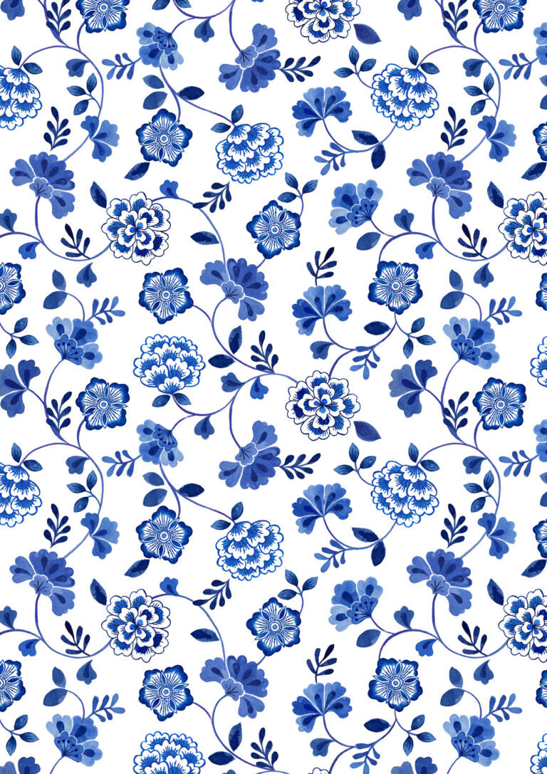 Inky Floral Trails on Cream | Porcelain and Sea Glass | Lewis & Irene | Cotton Fabric | A996A