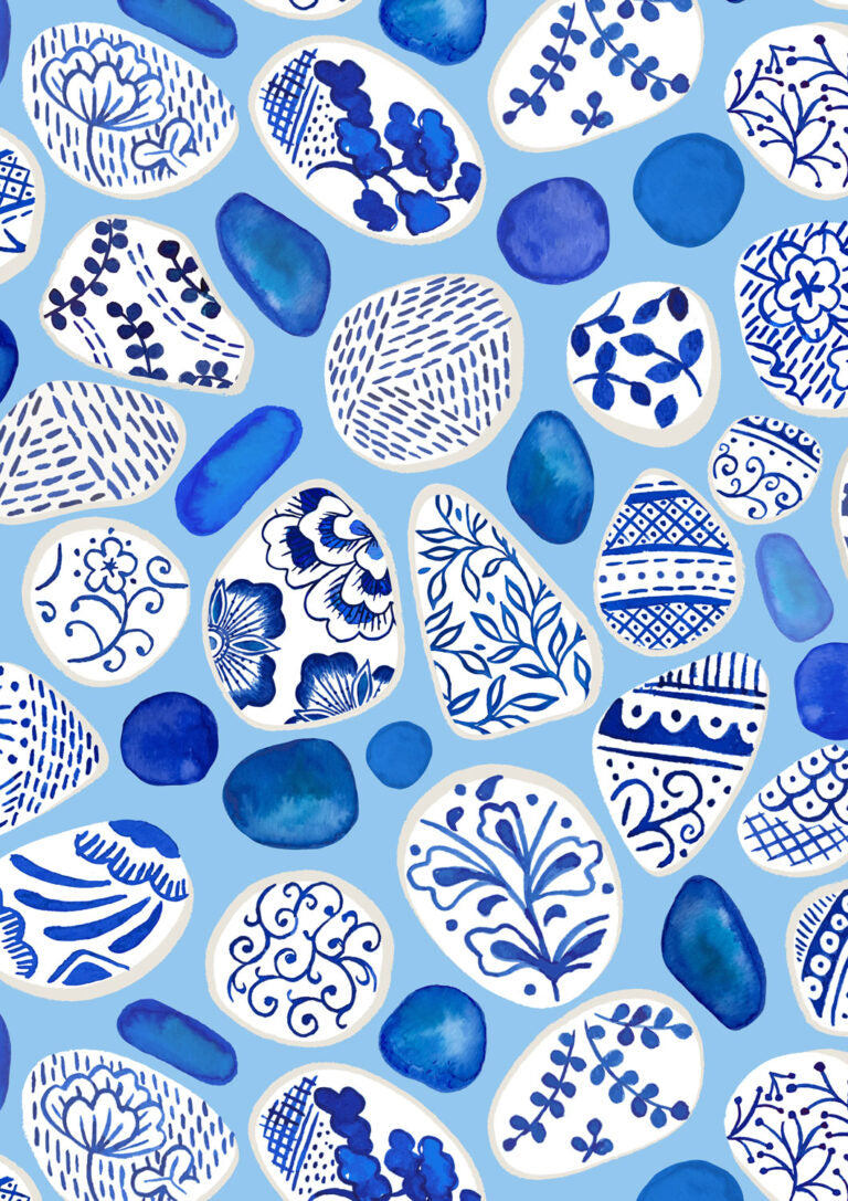 Sea Glass and Pottery Fragments on Light Blue | Porcelain and Sea Glass | Lewis & Irene | Cotton Fabric | A998B
