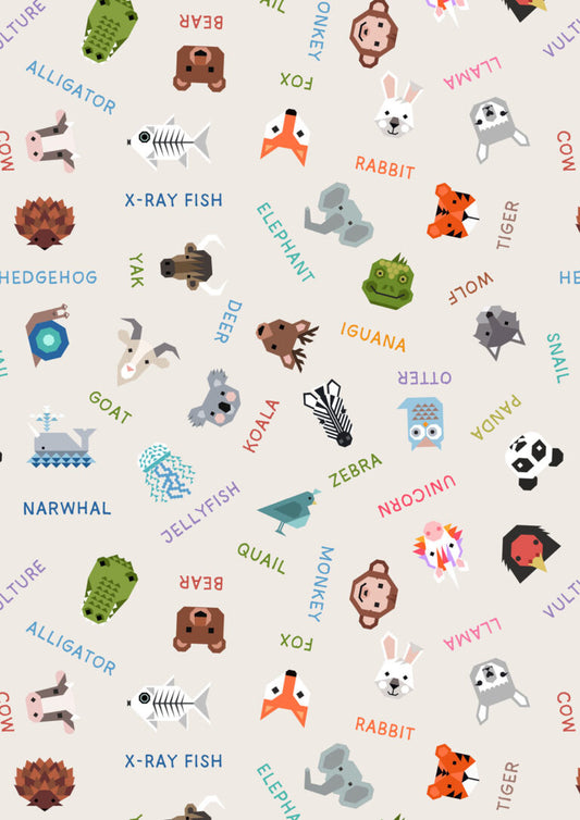 Animal Names on Cream | Animal Alphabet | Lewis & Irene | Cotton Fabric | A971A