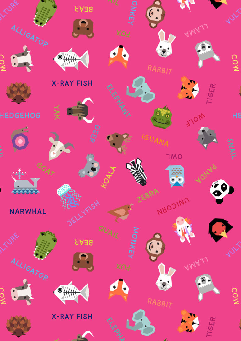 Animal Names on Pink | Animal Alphabet | Lewis & Irene | Cotton Fabric | A971B