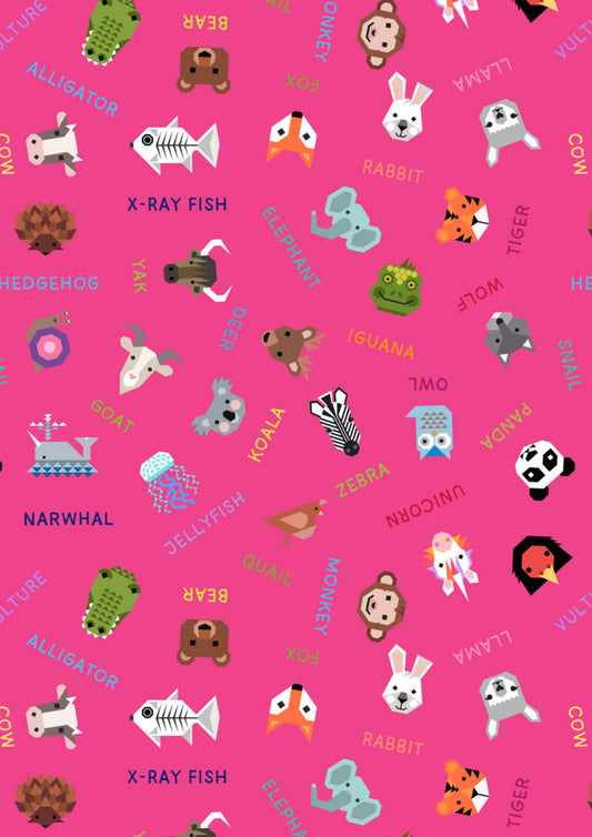 Animal Names on Pink | Animal Alphabet | Lewis & Irene | Cotton Fabric | A971B