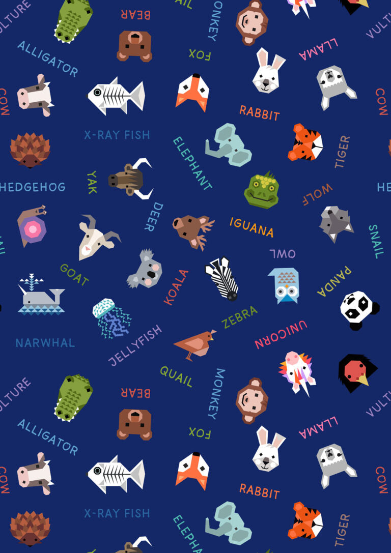 Animal Names on Blue | Animal Alphabet | Lewis & Irene | Cotton Fabric | A971C