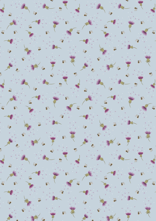 Bee thistle on blue | Celtic Summer | Lewis & Irene | Cotton Fabric | A988B