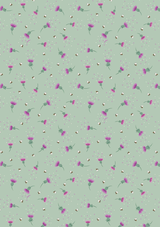 Bee thistle on sage green | Celtic Summer | Lewis & Irene | Cotton Fabric | A988C