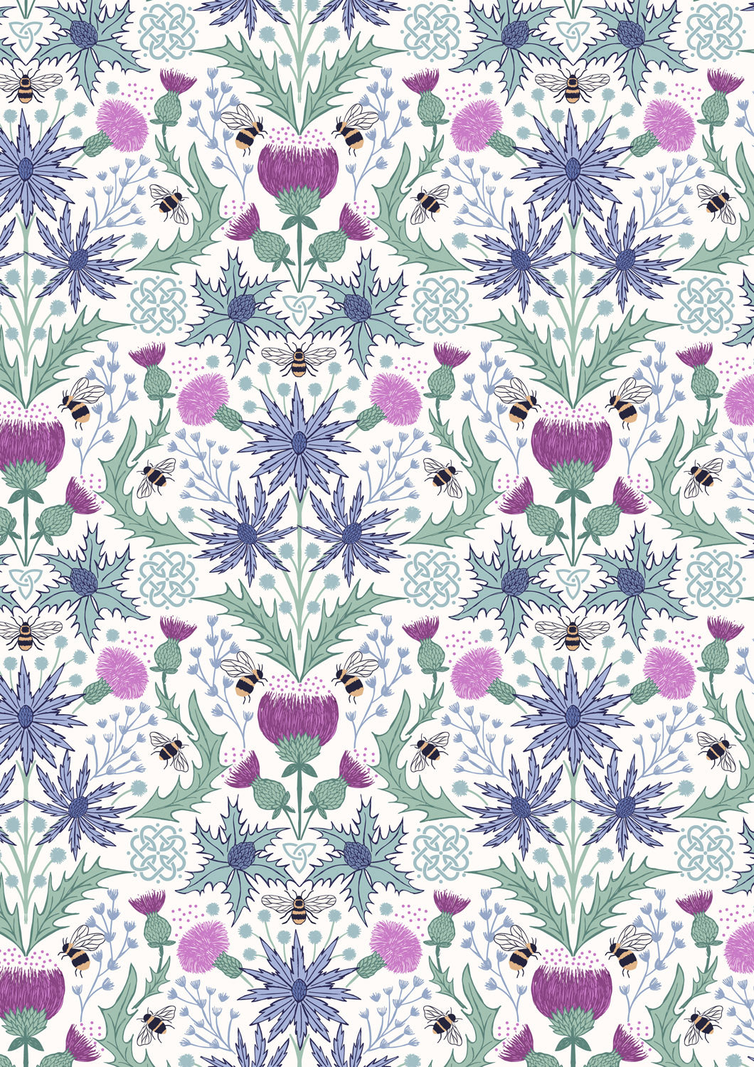 Mirrored thistle and bee on cream | Celtic Summer | Lewis & Irene | Cotton Fabric | A989A