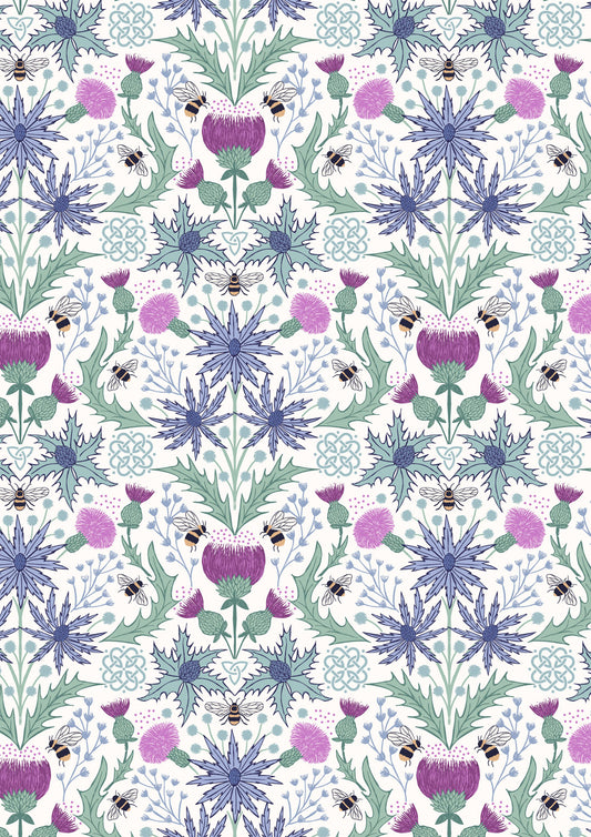 Mirrored thistle and bee on cream | Celtic Summer | Lewis & Irene | Cotton Fabric | A989A