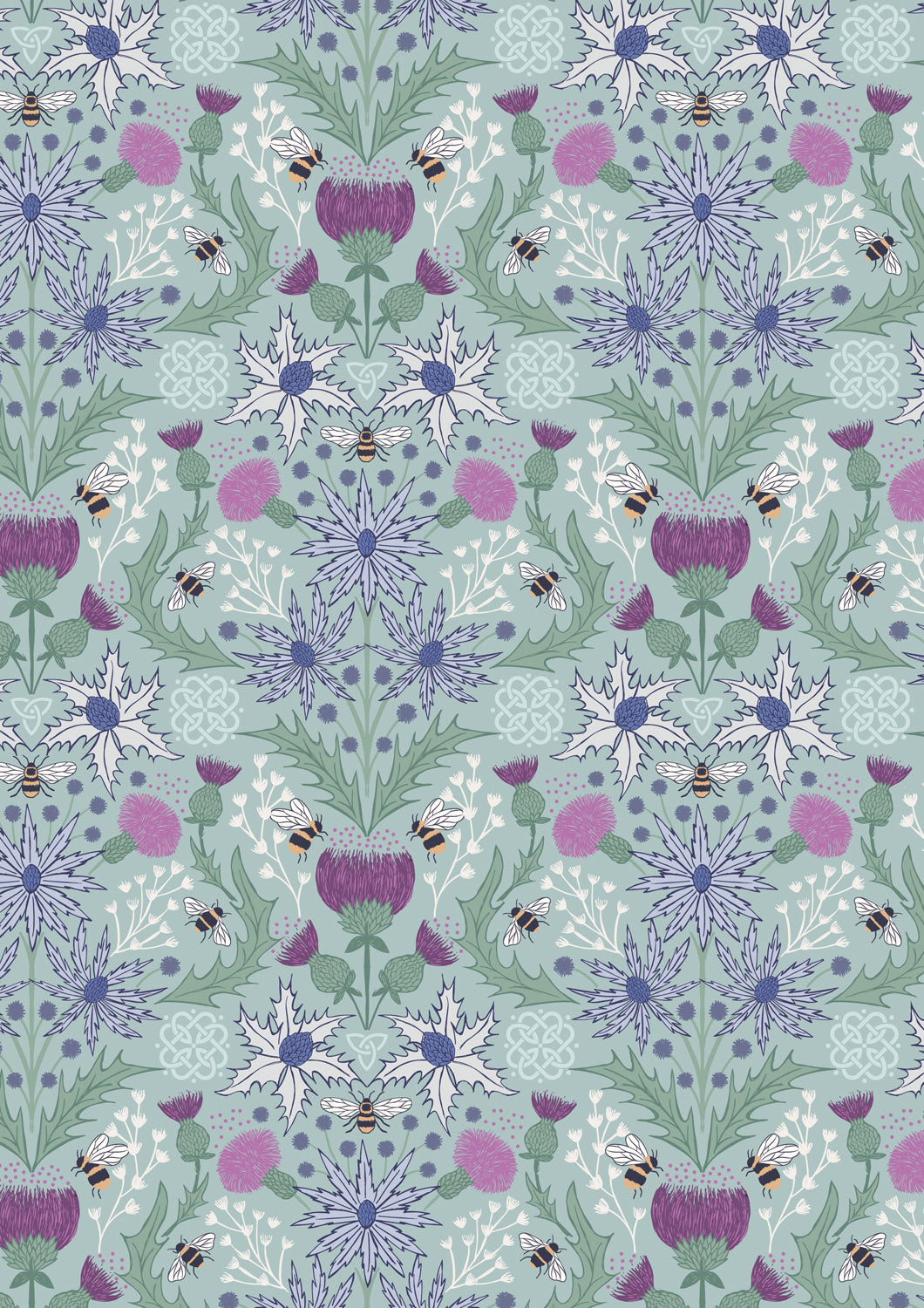 Mirrored thistle and bee on duck egg | Celtic Summer | Lewis & Irene | Cotton Fabric | A989B