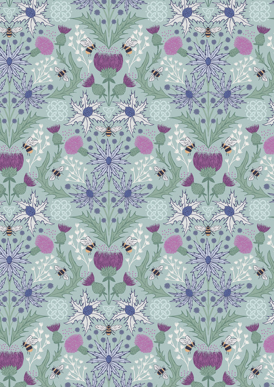 Mirrored thistle and bee on duck egg | Celtic Summer | Lewis & Irene | Cotton Fabric | A989B