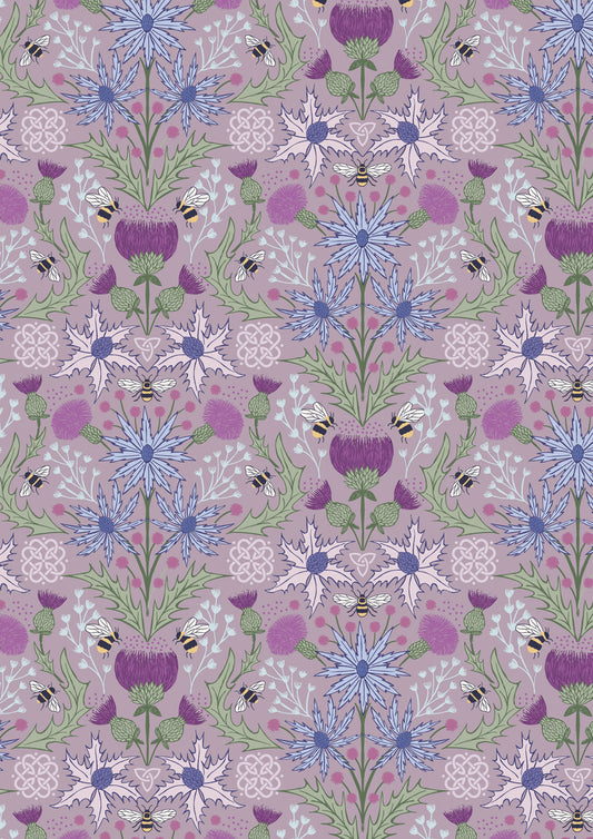 Mirrored thistle and bee on heather | Celtic Summer | Lewis & Irene | Cotton Fabric | A989C