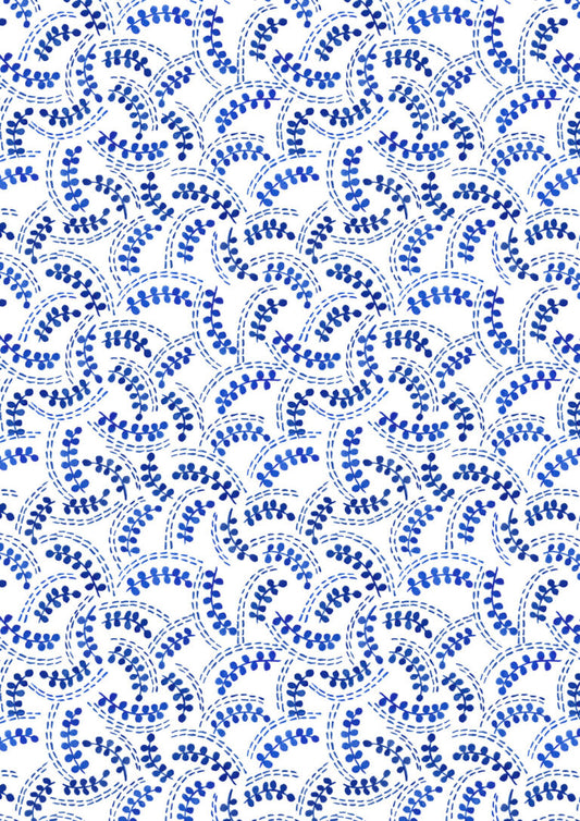 Cream and Blue Fronds | Porcelain and Sea Glass | Lewis & Irene | Cotton Fabric | A994B
