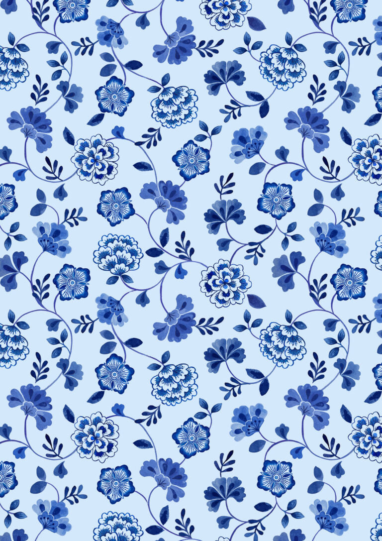 Inky Floral Trails on Light Blue | Porcelain and Sea Glass | Lewis & Irene | Cotton Fabric | A996B