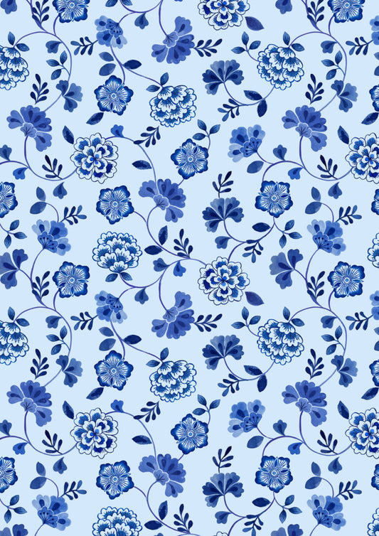 Inky Floral Trails on Light Blue | Porcelain and Sea Glass | Lewis & Irene | Cotton Fabric | A996B