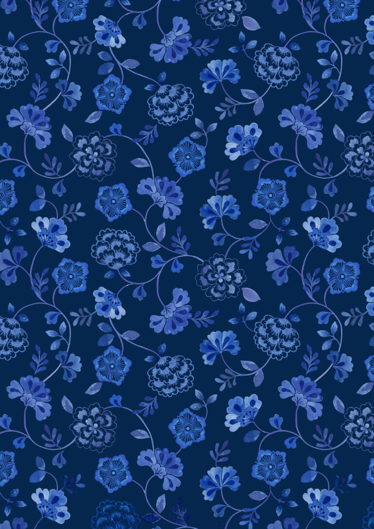 Inky Floral Trails on Dark Indigo | Porcelain and Sea Glass | Lewis & Irene | Cotton Fabric | A996C