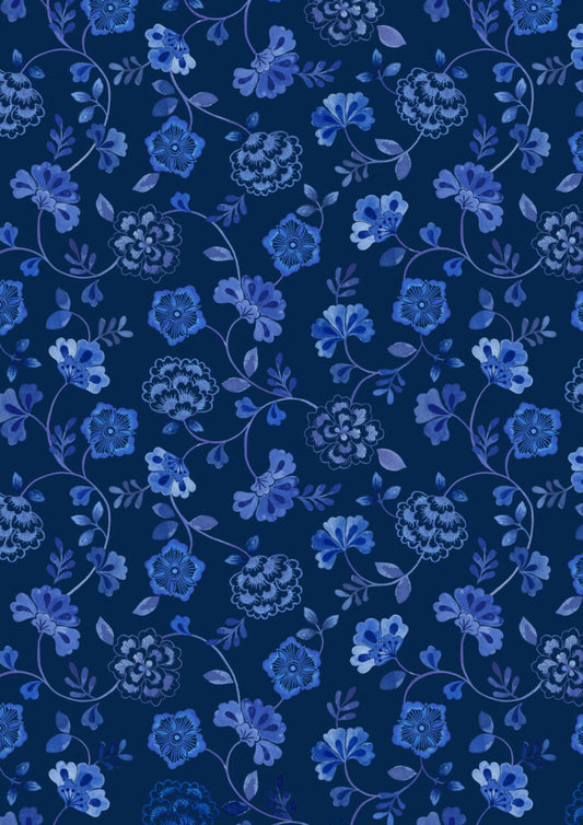 Inky Floral Trails on Dark Indigo | Porcelain and Sea Glass | Lewis & Irene | Cotton Fabric | A996C