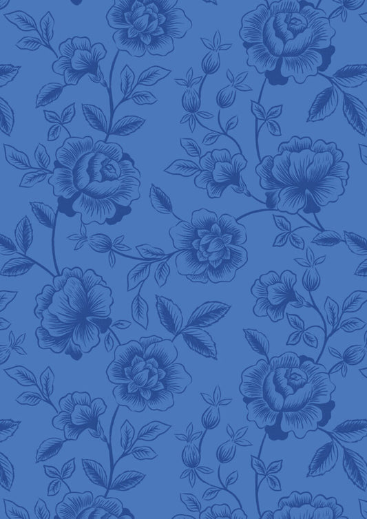 Rose Trail on Mid Blue | Porcelain and Sea Glass | Lewis & Irene | Cotton Fabric | A997B