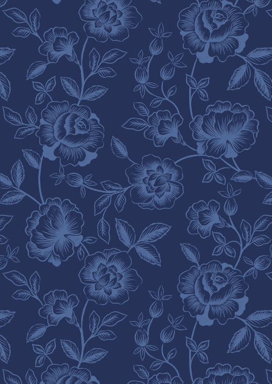 Rose Trail on Dark Blue | Porcelain and Sea Glass | Lewis & Irene | Cotton Fabric | A997C