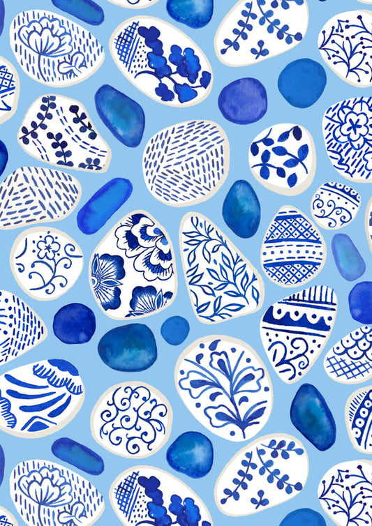Sea Glass and Pottery Fragments on Light Blue | Porcelain and Sea Glass | Lewis & Irene | Cotton Fabric | A998B
