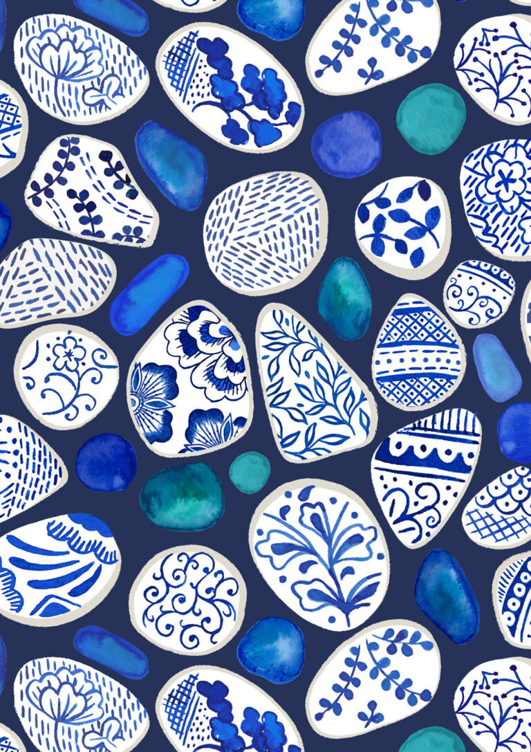 Sea Glass and Pottery Fragments on Dark Blue | Porcelain and Sea Glass | Lewis & Irene | Cotton Fabric | A998C
