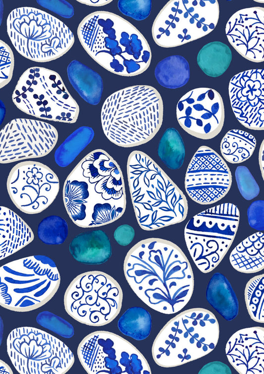 Sea Glass and Pottery Fragments on Dark Blue | Porcelain and Sea Glass | Lewis & Irene | Cotton Fabric | A998C