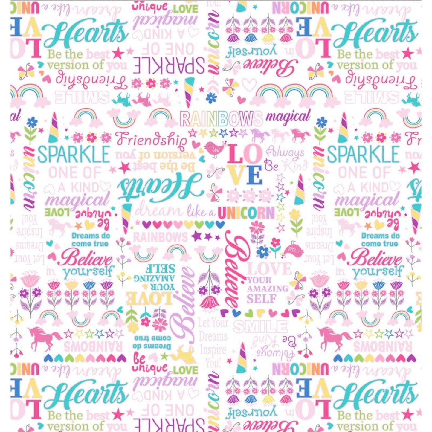 Unicorn Magic Pearlescent Magical Words White | Unicorn Magic Collection | Benartex Magic Rainbows | Cotton Fabric