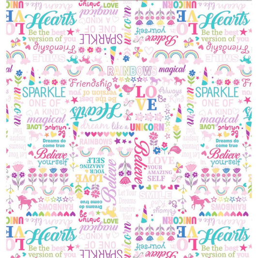 Unicorn Magic Pearlescent Magical Words White | Unicorn Magic Collection | Benartex Magic Rainbows | Cotton Fabric